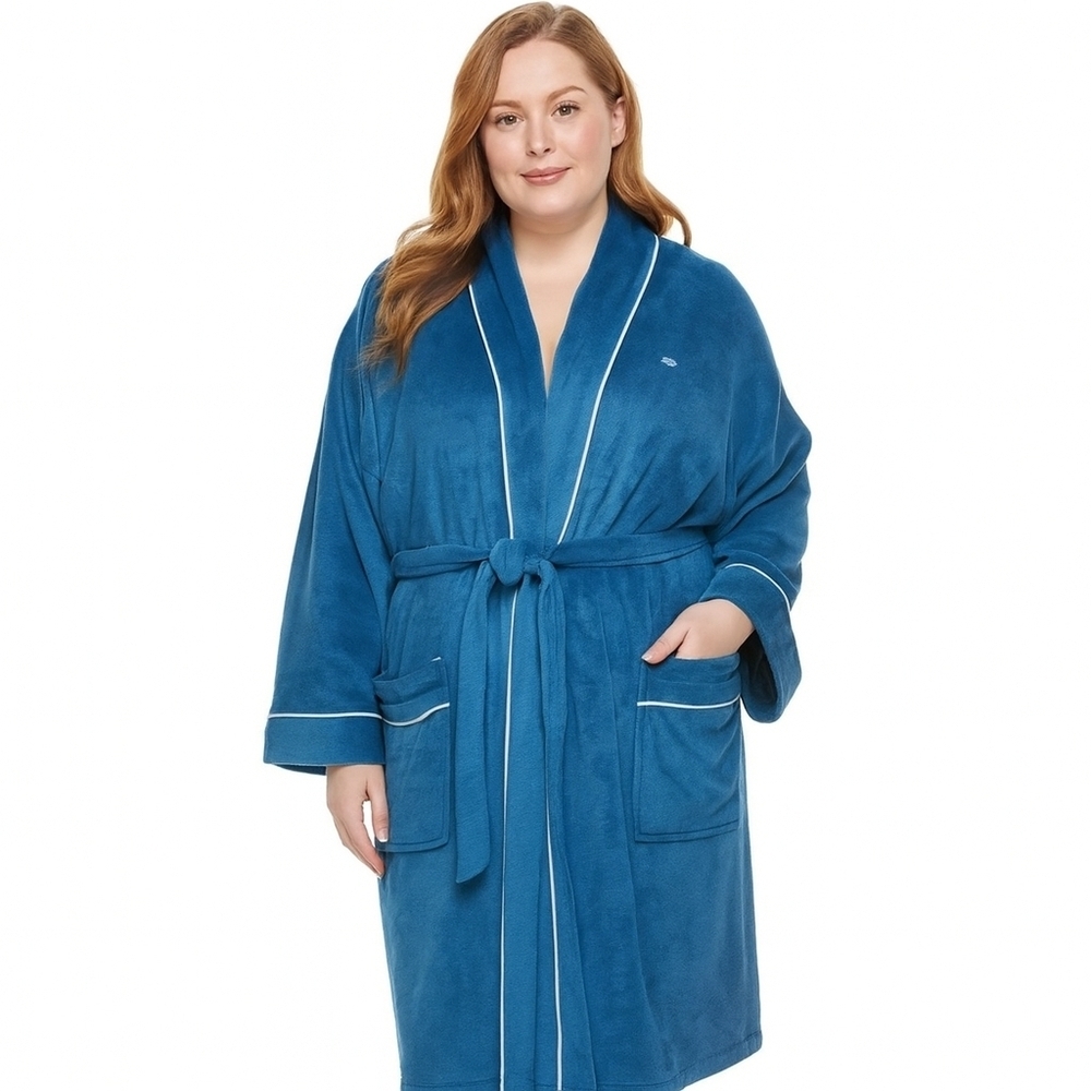 Oscar de la Renta Vintage Blue Velour Belted Long Sleeve Robe One Size Made USA